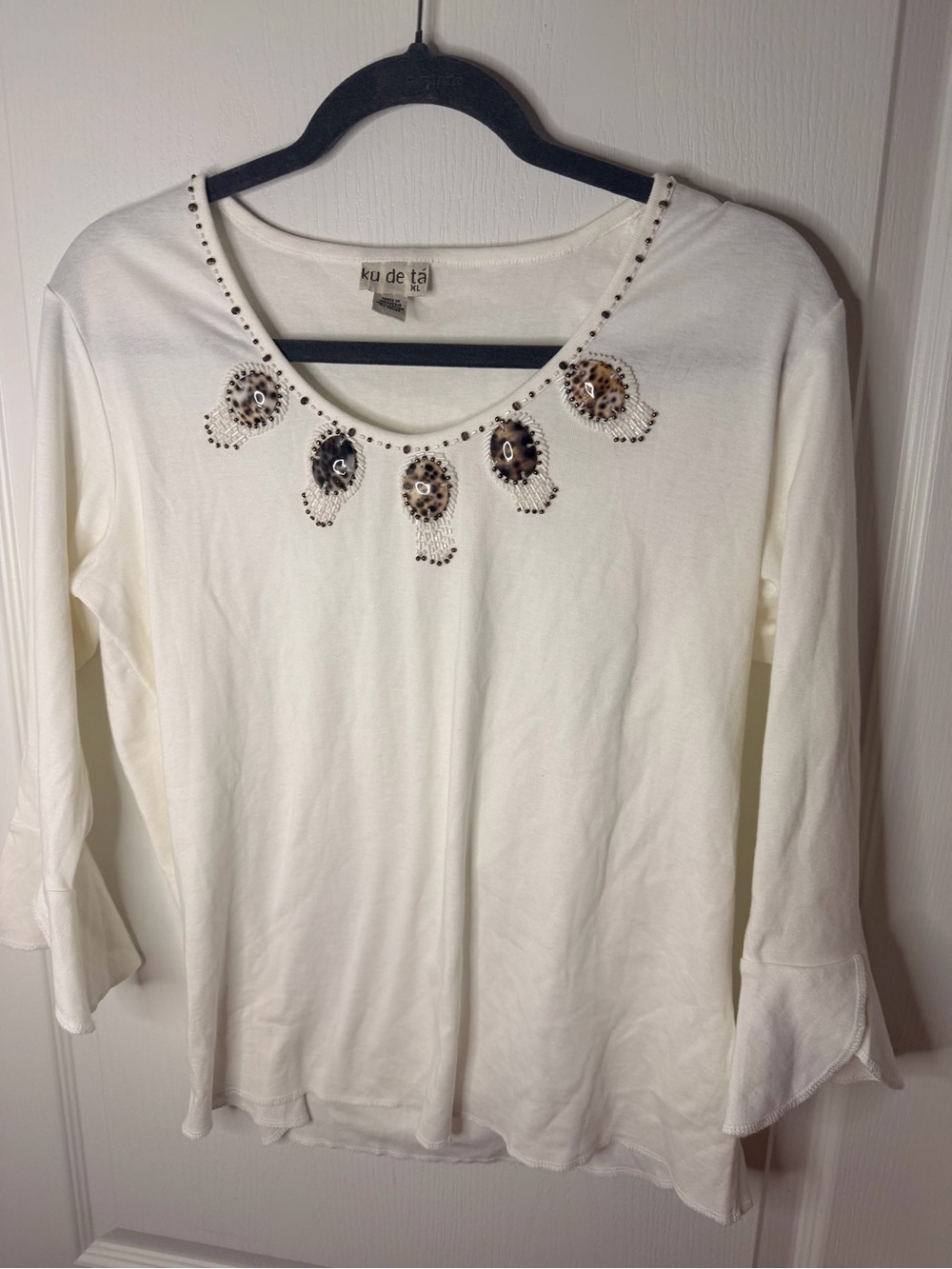 100 percent cotton Long-Sleeve Scoop Neck Tee with Leopard Sequin Accen